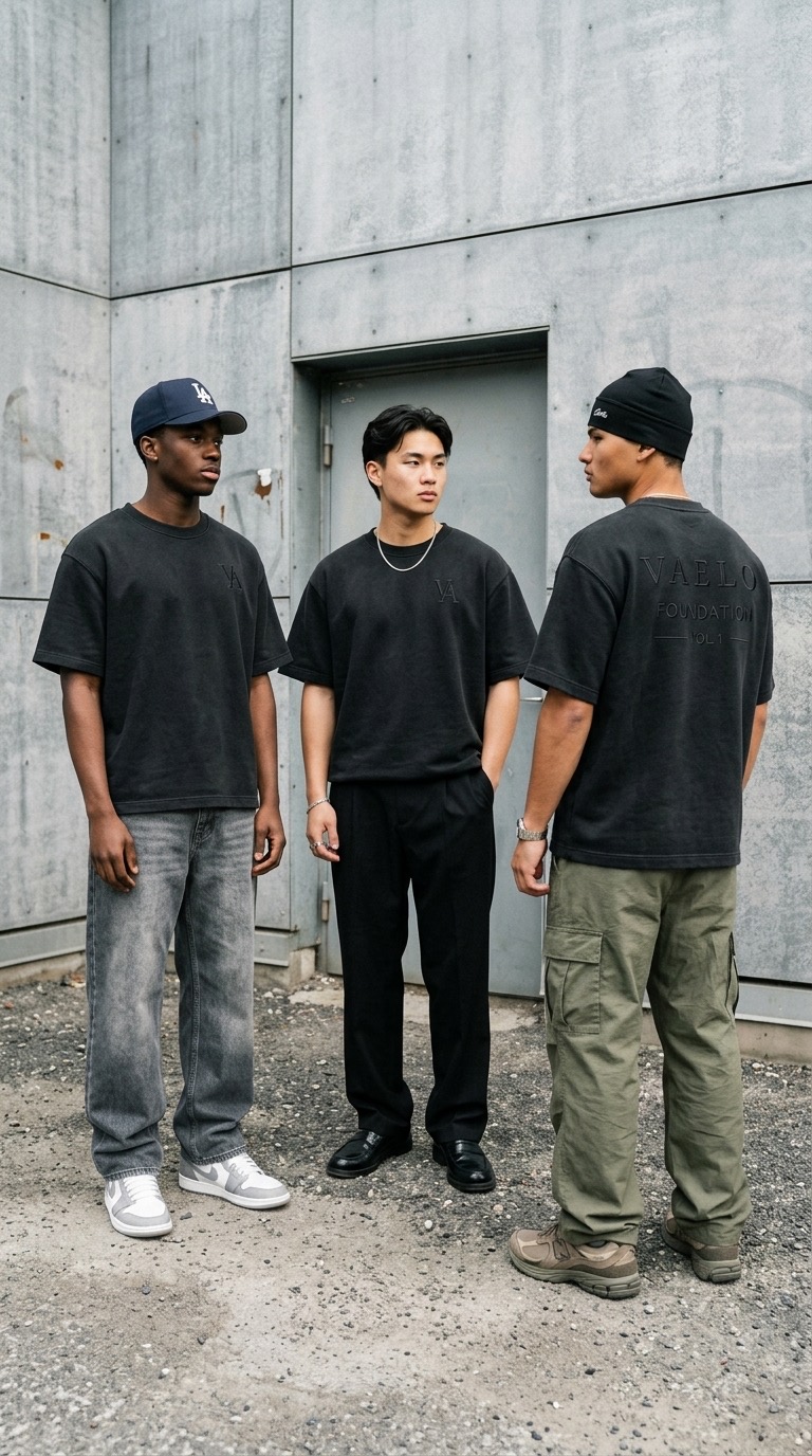 Three ways of wearing the VAELO Foundation Tee in Washed Black, photographed in an industrial interior.
