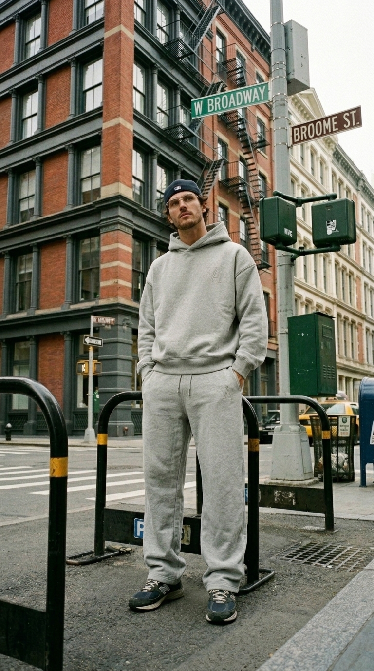 VAELO Foundation Hoodie and Sweatpant in Heather Grey on a SoHo street corner.