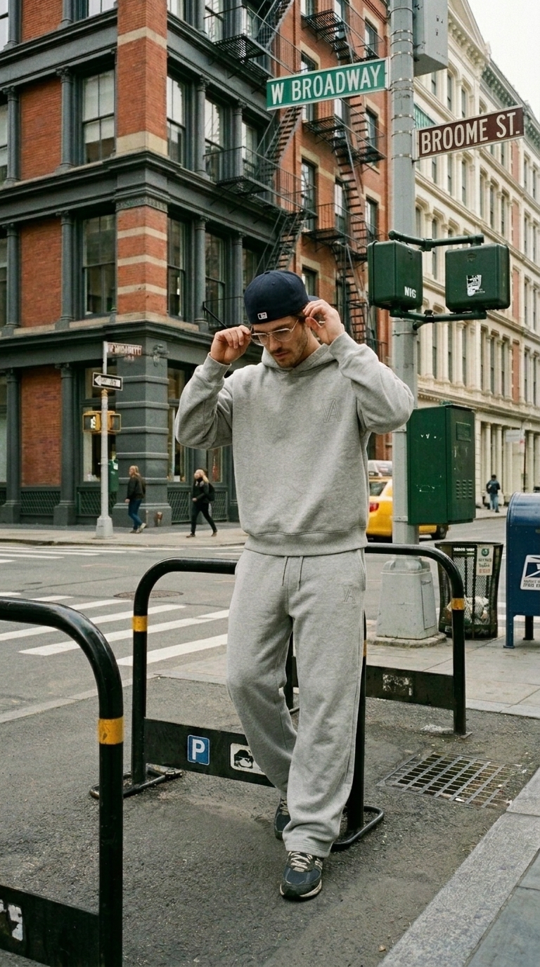 The VAELO Foundation Sweatsuit in Heather Grey worn at W Broadway and Broome St, New York.