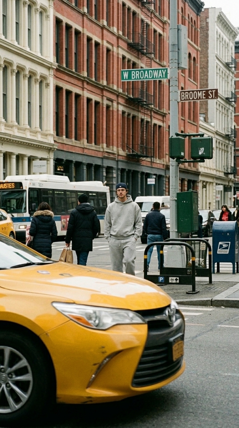 A wide SoHo street scene with the VAELO Foundation Heather Grey set crossing West Broadway.