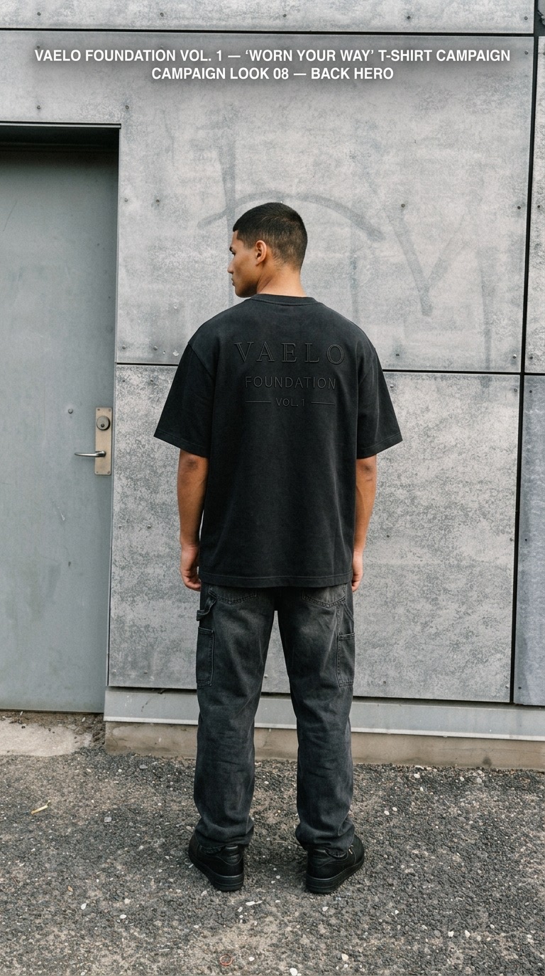 The VAELO FOUNDATION VOL. 1 back graphic on the Foundation Tee in Washed Black.