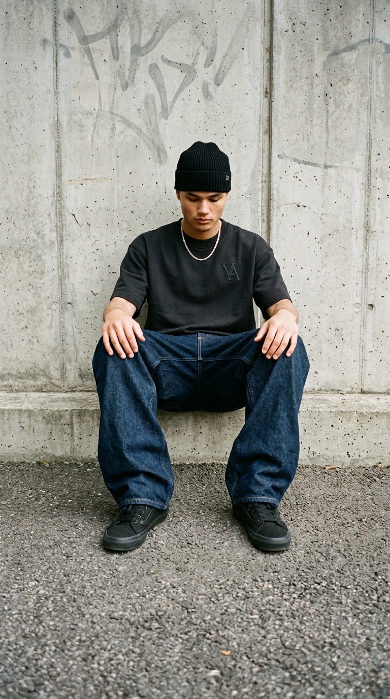 The VAELO Foundation Tee in Washed Black worn seated against a concrete wall.