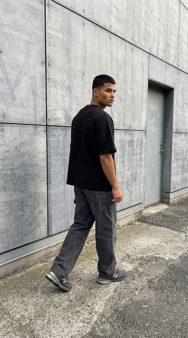 The VAELO Foundation Tee in Washed Black, back embroidery visible against a concrete facade.
