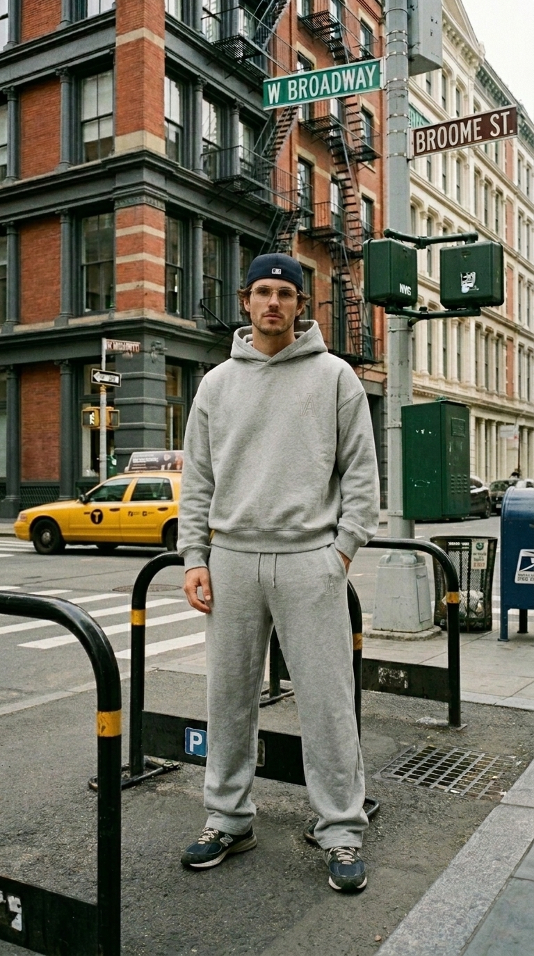 VAELO Foundation Heather Grey set photographed standing on a New York corner.