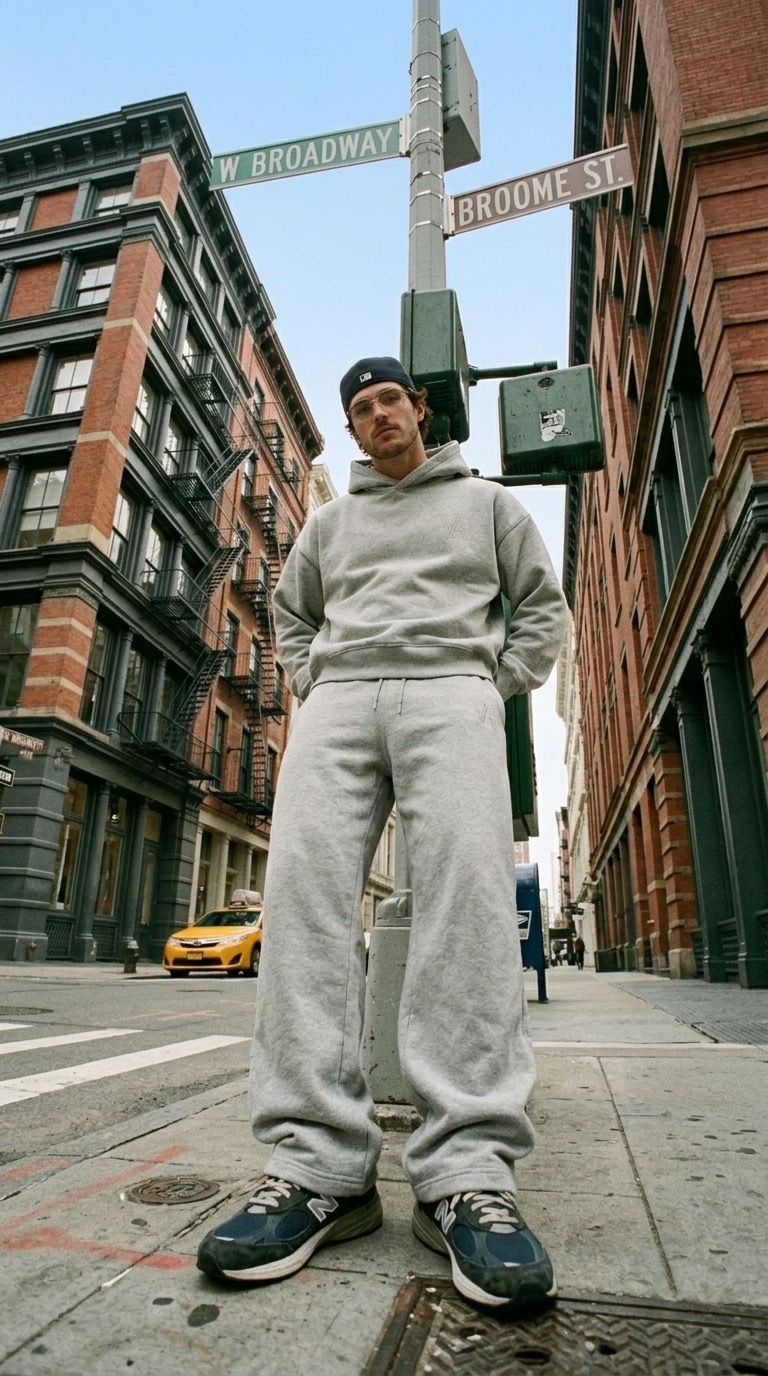 The VAELO Foundation Hoodie and Sweatpant in Heather Grey worn at West Broadway and Broome Street, New York.