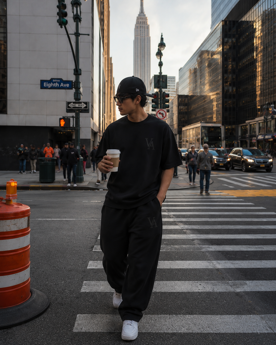 The VAELO Foundation Tee and Sweatpant in Washed Black worn across a Manhattan crosswalk with the Empire State Building behind.