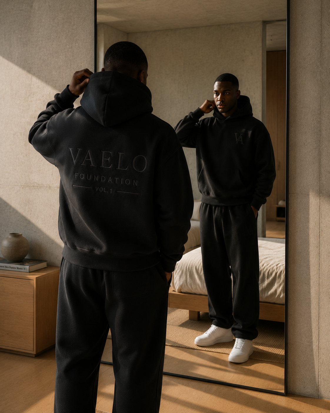 Front and back of the VAELO Foundation set in Washed Black reflected in a full-length mirror inside a modern interior.