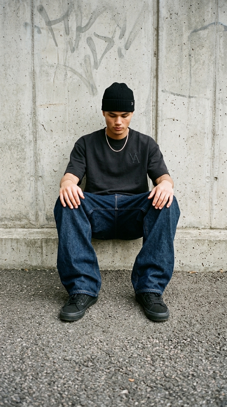The VAELO Foundation Tee in Washed Black worn seated against a concrete wall.